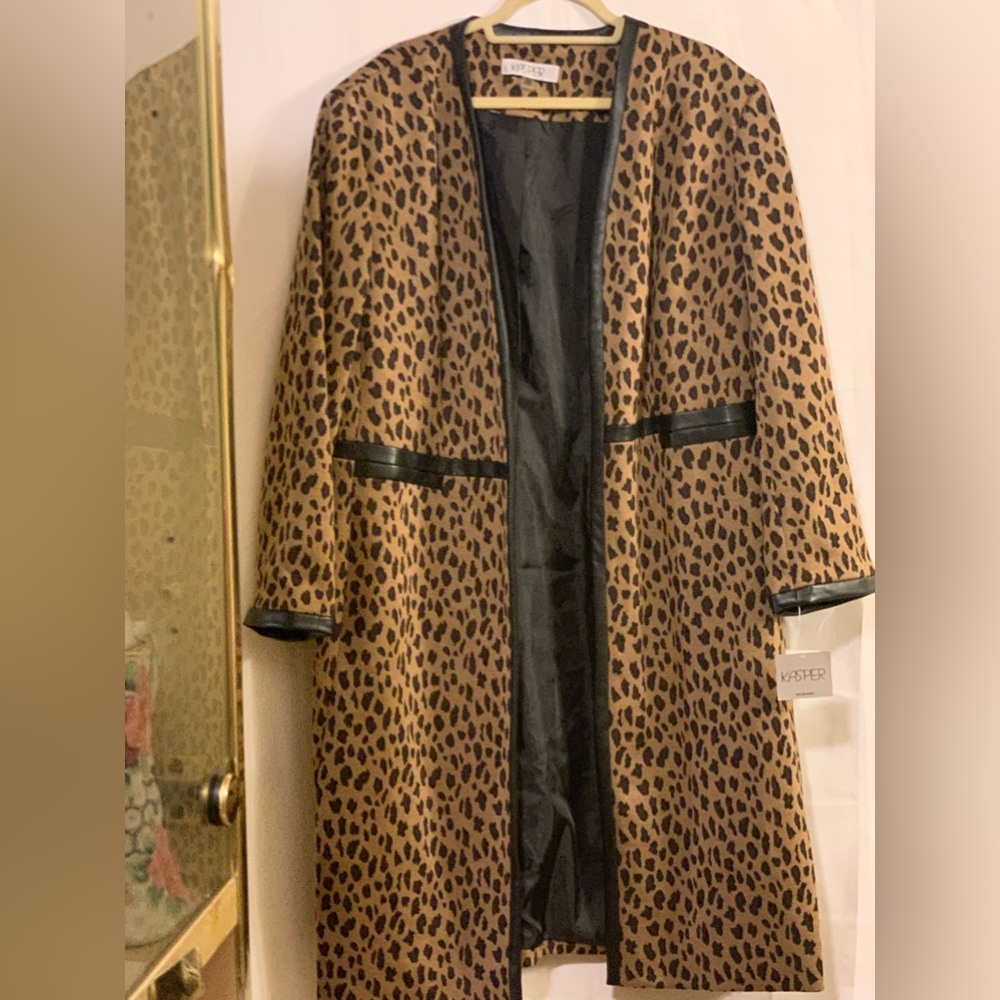 KASPER Animal Print Long Sleeve Faux Leather Trim Plus Size Open Front Topper